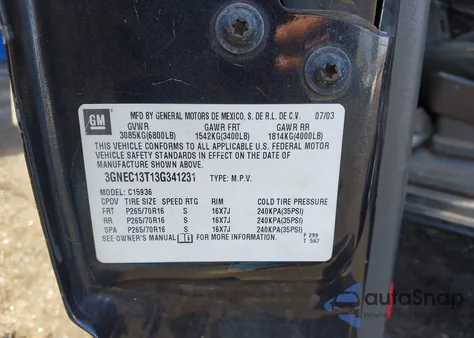 2003 Chevrolet Avalanche 1500 from USA, damaged, VIN 3GNEC13T13G341231